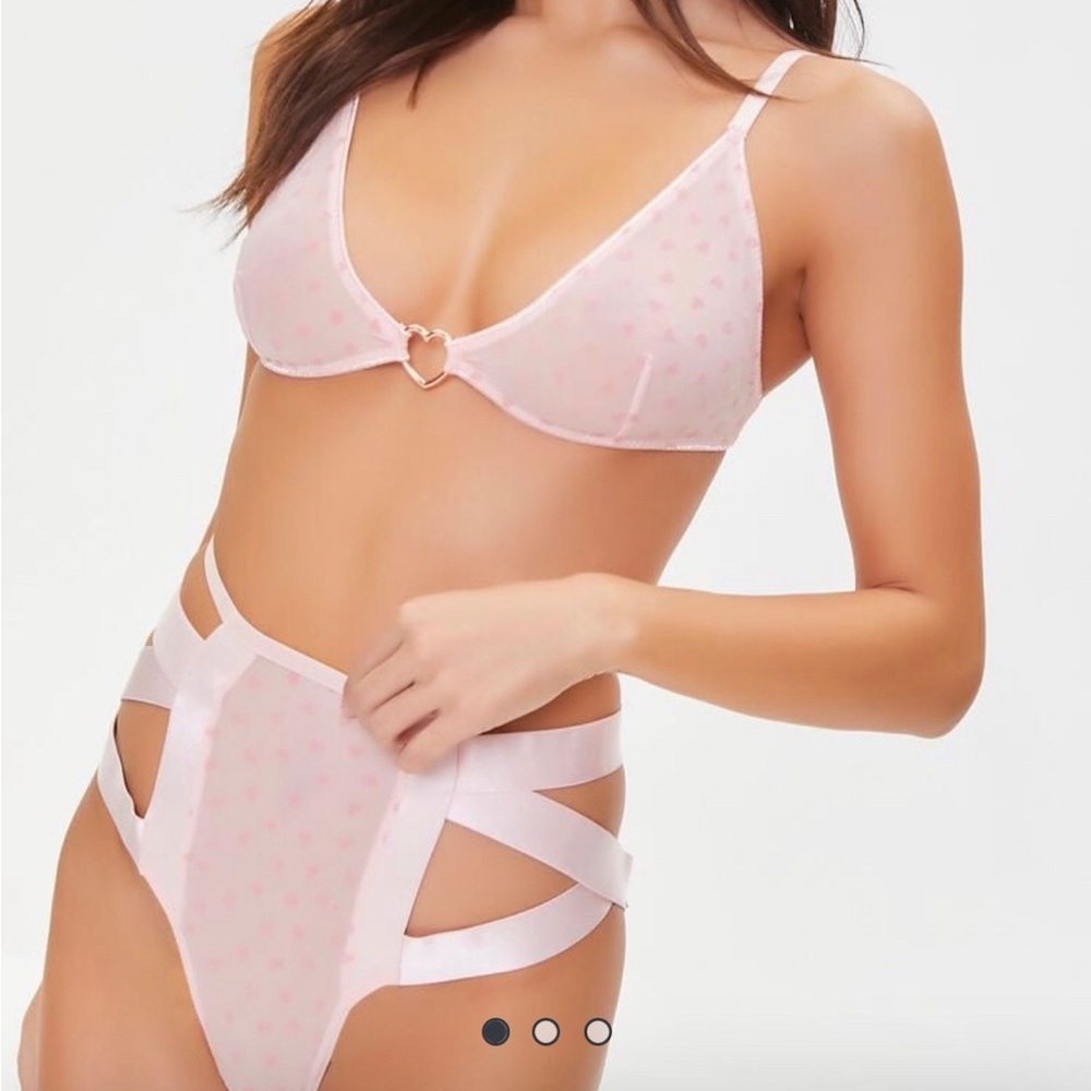 NWT Forever 21 Baby Pink Strappy Sheer Heart Mesh Lingerie Set!